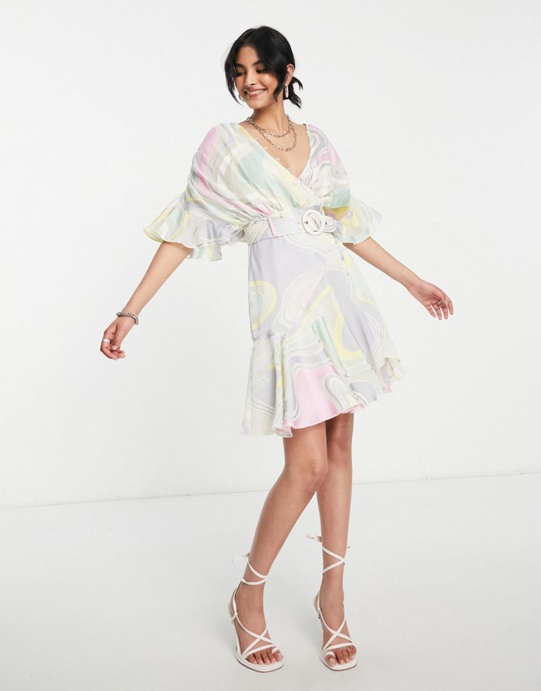 DESIGN Mini Dress With Rouleaux Details And Belt In Burnout Pastel Swirl Fabric
