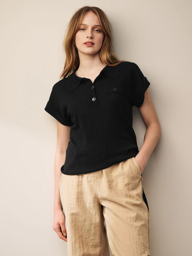 Linen Short Sleeve Polo Neck Top