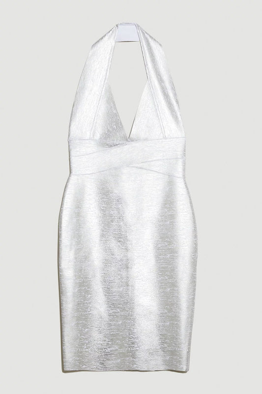 Petite Foiled Halter Neck Bandage Deep V Midi Dress