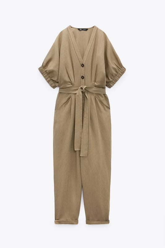 Linen Blend Jumpsuit With Belt