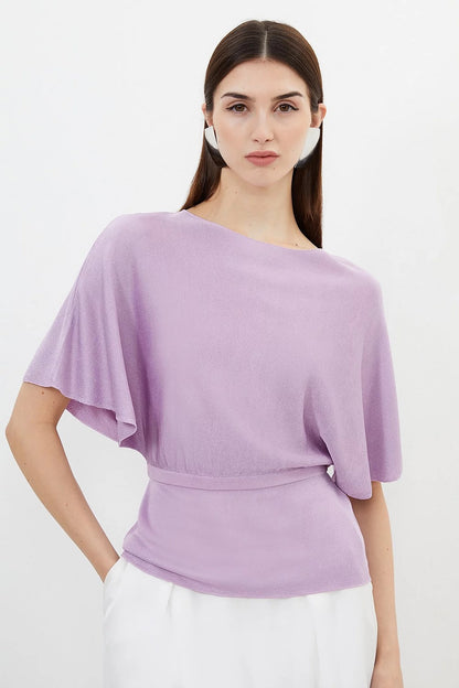 Slinky Viscose Blend Knit Angel Sleeve Tie Detail Top