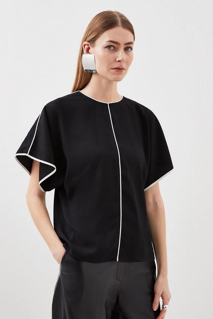 Mono Satin Back Woven Crepe Contrast Batwing Blouse