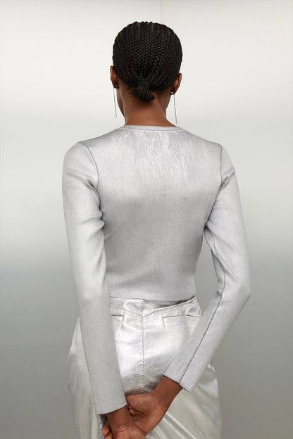 Premium Viscose Blend Body Contouring Foiled Knit Cardigan
