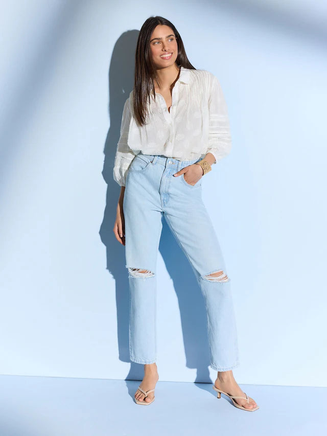 Bleach Rip 100% Cotton Column Mom Jeans