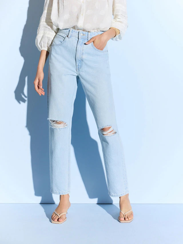 Bleach Rip 100% Cotton Column Mom Jeans