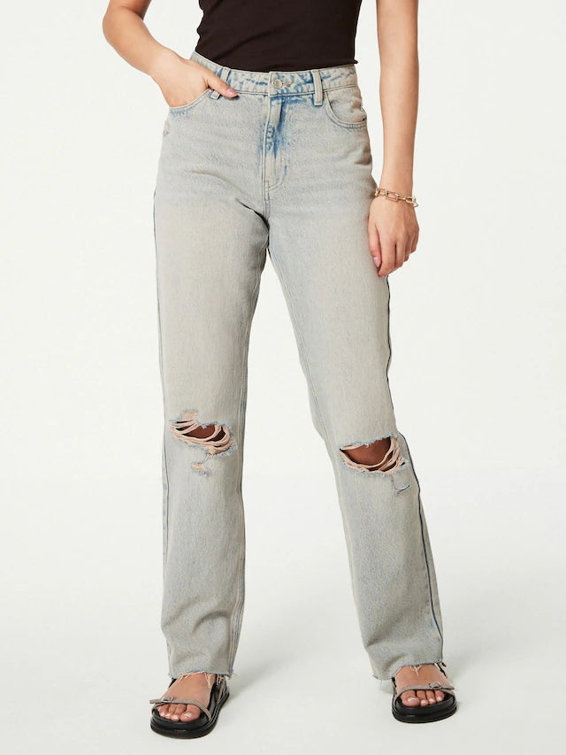 Tinted 100% Cotton Ripped Straight Leg Jeans