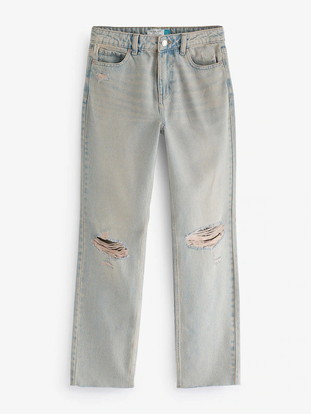 Tinted 100% Cotton Ripped Straight Leg Jeans