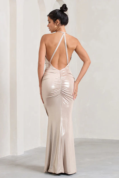 Metallic Halter-Neck Split Maxi Dress