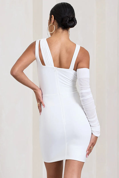 One Shoulder Ruched Mesh Mini Dress