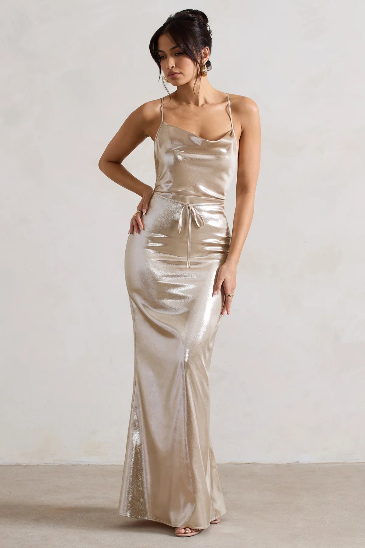 Metallic Cowl-Neck Maxi Dress With Cross Back Detail