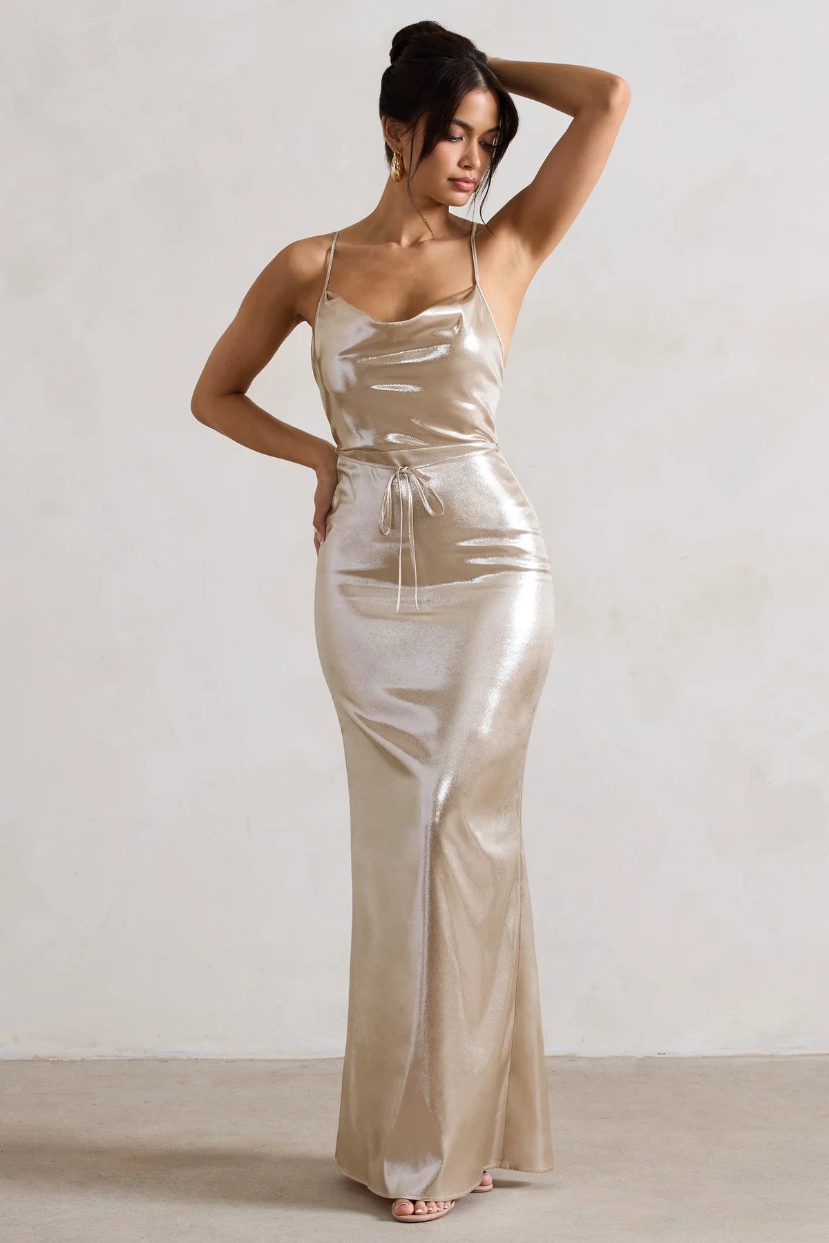 Metallic Cowl-Neck Maxi Dress With Cross Back Detail