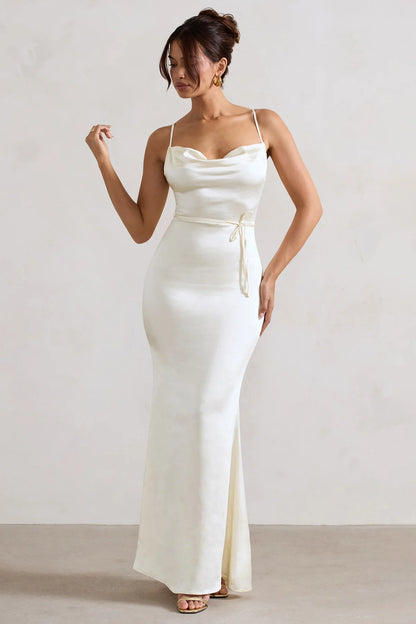 Satin Cowl Neck Maxi Dress With Cross Back Detail