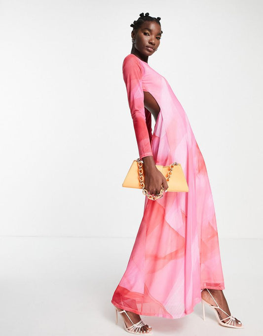 Long Sleeve Maxi Dress In Pink And Red Watercolour Mix