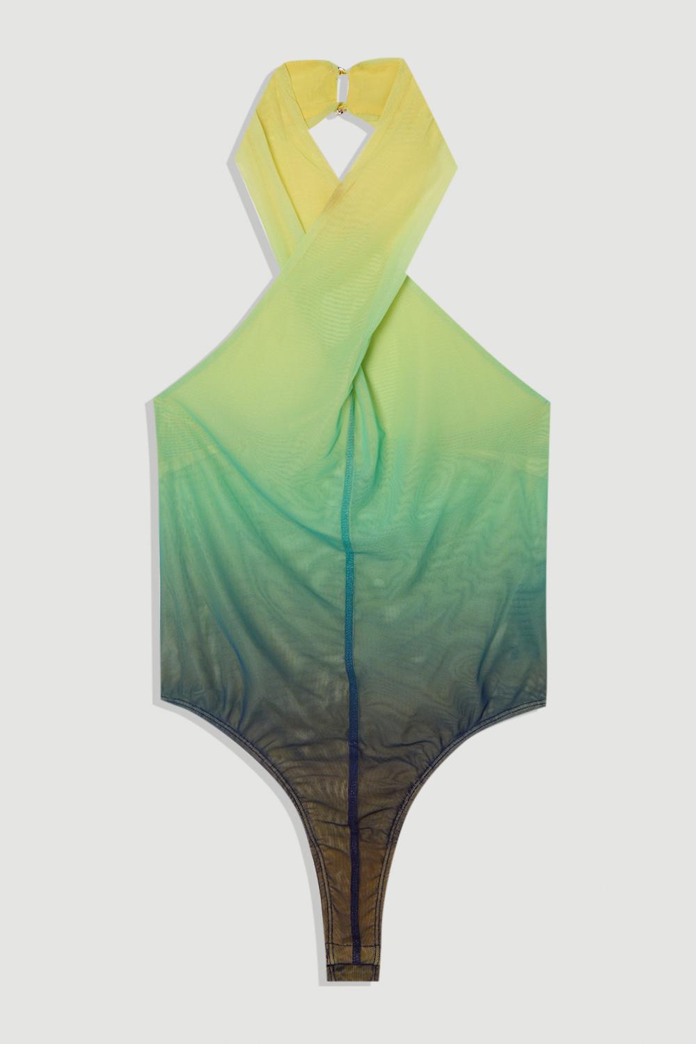 Sunset Ombre Mesh Cross Halter Jersey Bodysuit