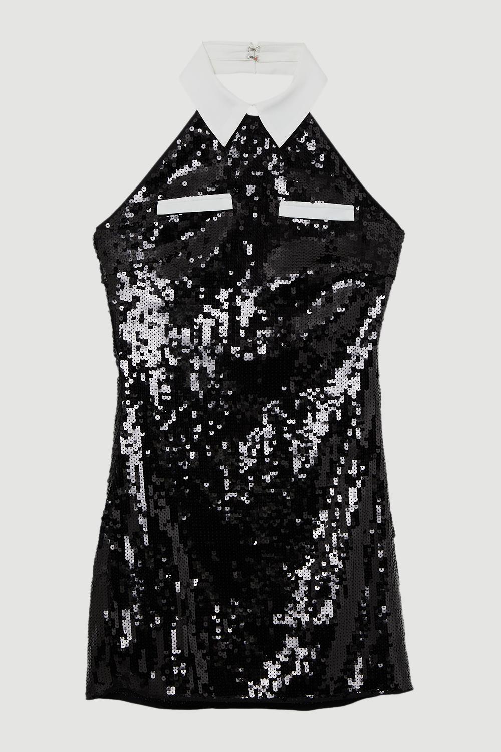 Sequin And Viscose Satin Collar Detail Mini Dress