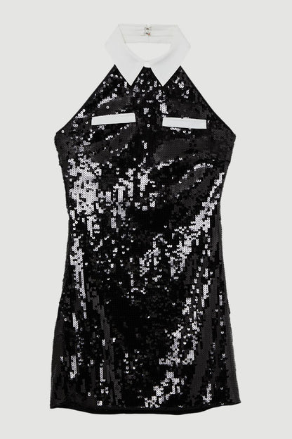Sequin And Viscose Satin Collar Detail Mini Dress
