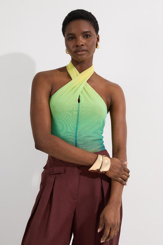 Sunset Ombre Mesh Cross Halter Jersey Bodysuit