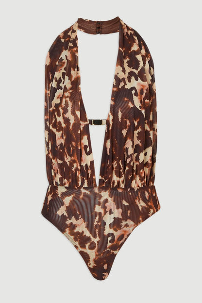Leopard Print Plunge Halter Neck Trim Detail Mesh Bodysuit