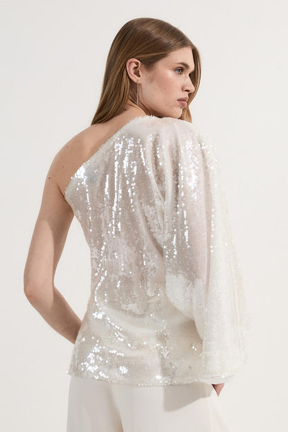 Liquid Shine One Shoulder Woven Sequin Blouse
