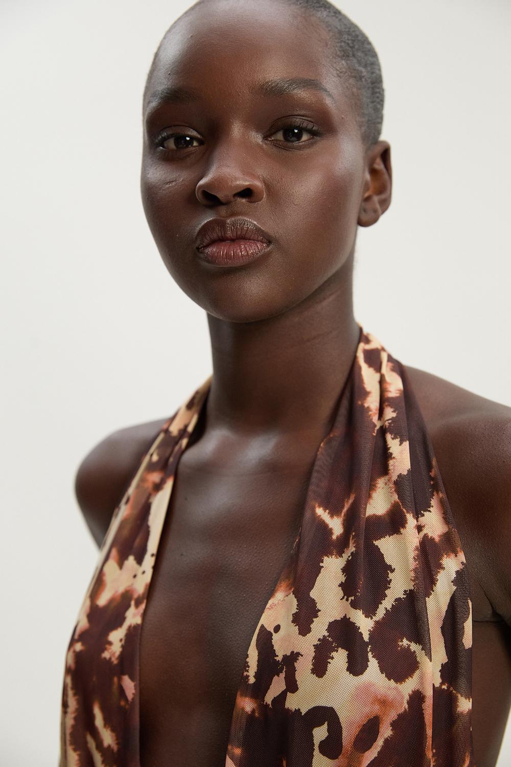 Leopard Print Plunge Halter Neck Trim Detail Mesh Bodysuit