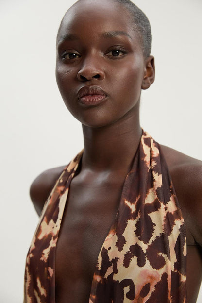 Leopard Print Plunge Halter Neck Trim Detail Mesh Bodysuit