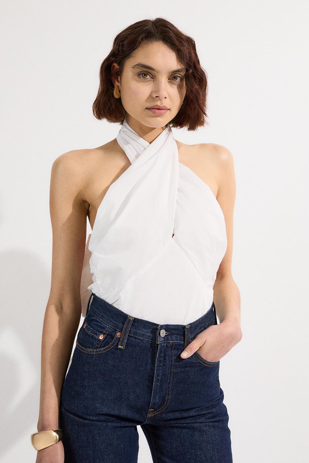 Cotton Poplin Cross Front Halter Neck Blouse With Bow Detail