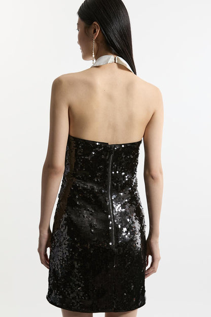 Sequin And Viscose Satin Collar Detail Mini Dress