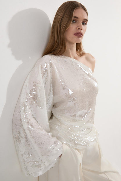 Liquid Shine One Shoulder Woven Sequin Blouse