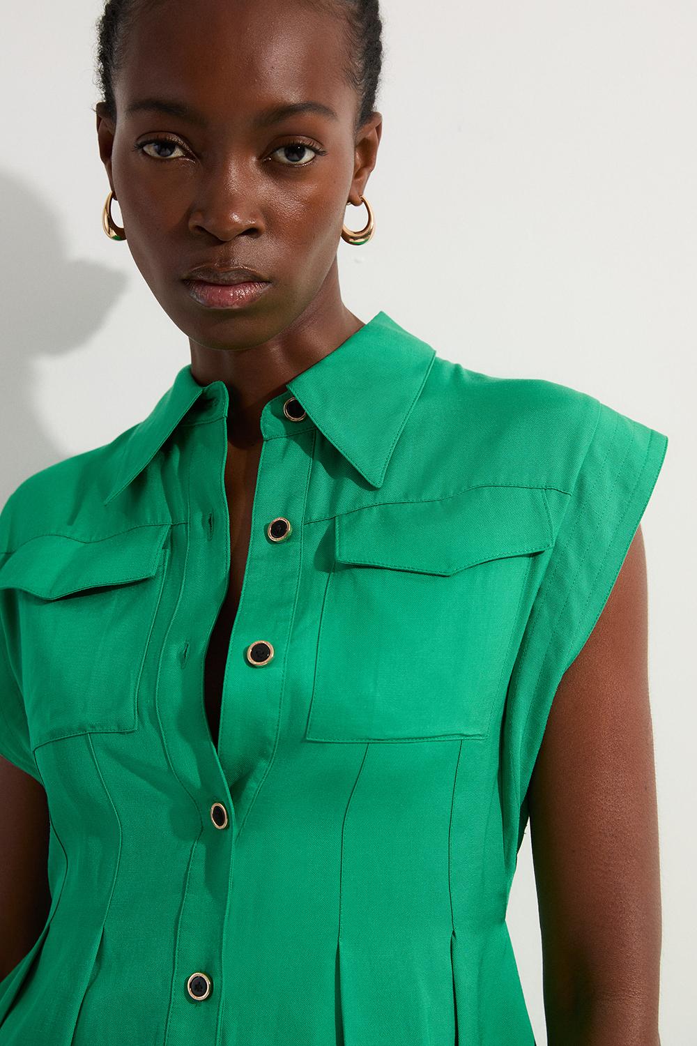 Tall Premium Viscose Linen Topstitch Woven Blouse With Waist Seam Detail