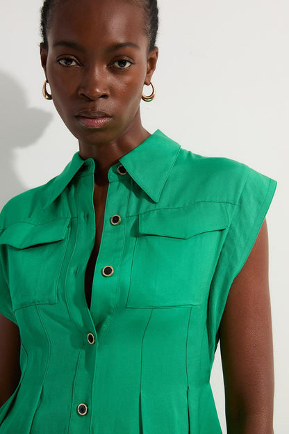 Tall Premium Viscose Linen Topstitch Woven Blouse With Waist Seam Detail