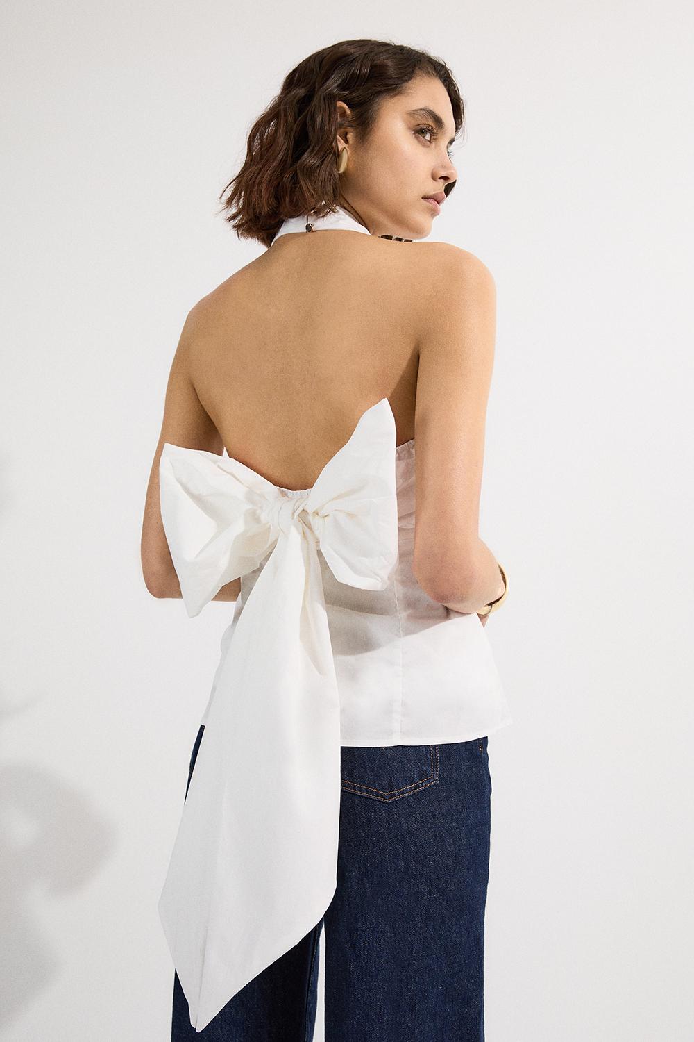 Cotton Poplin Cross Front Halter Neck Blouse With Bow Detail