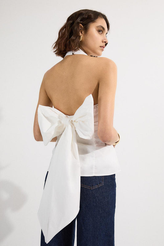 Cotton Poplin Cross Front Halter Neck Blouse With Bow Detail