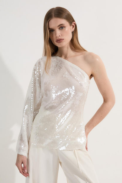 Liquid Shine One Shoulder Woven Sequin Blouse