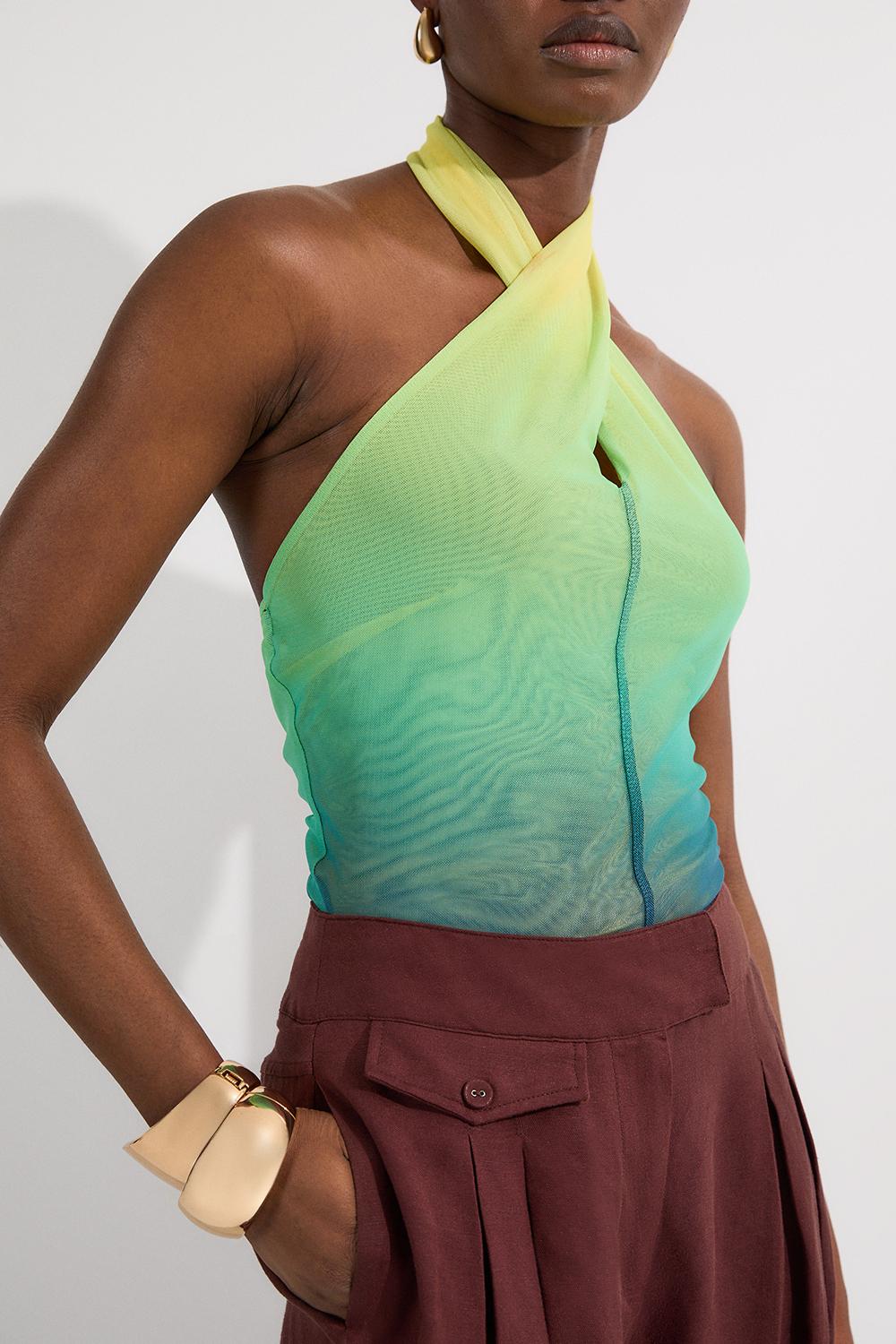 Sunset Ombre Mesh Cross Halter Jersey Bodysuit