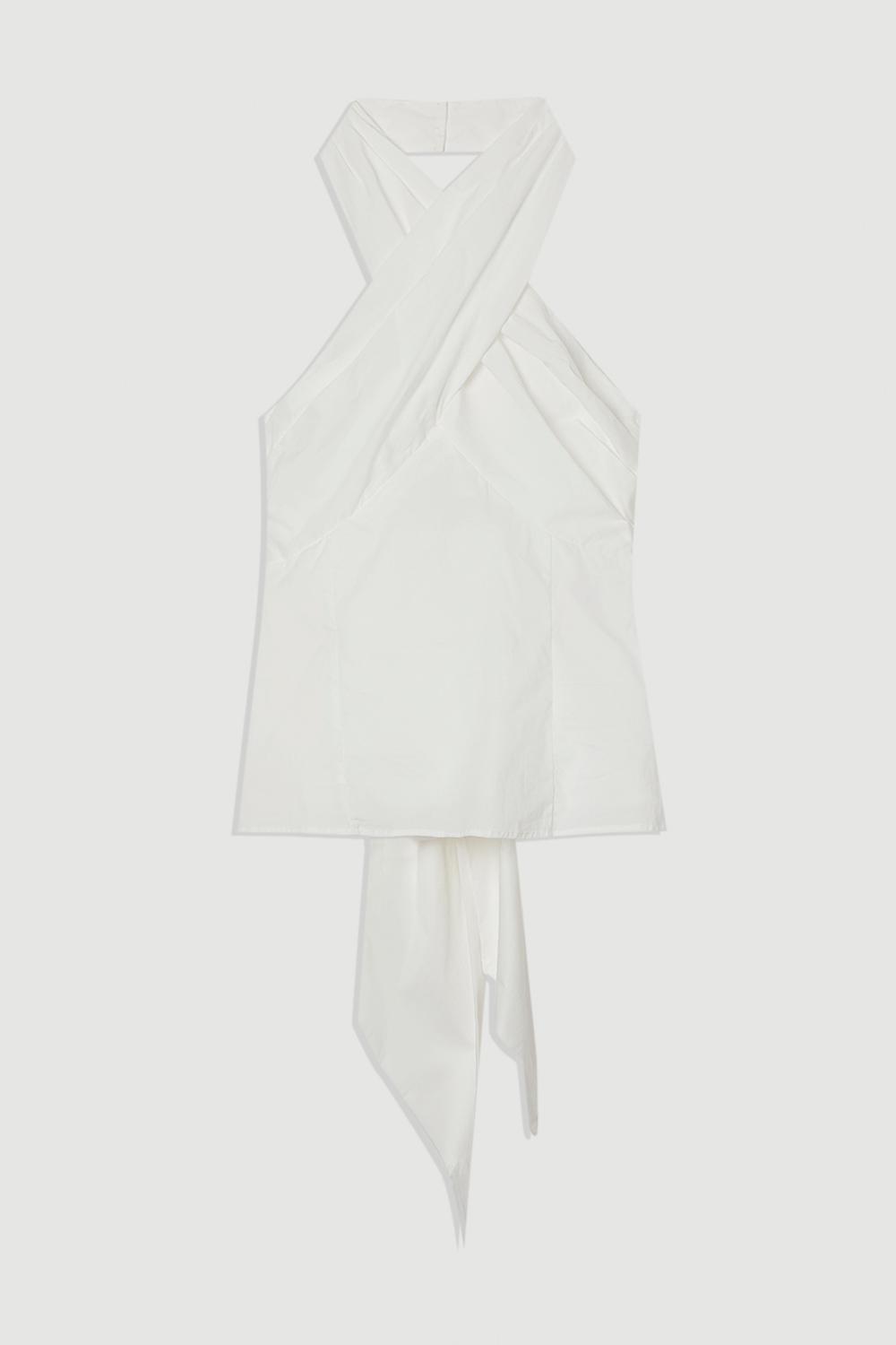 Cotton Poplin Cross Front Halter Neck Blouse With Bow Detail