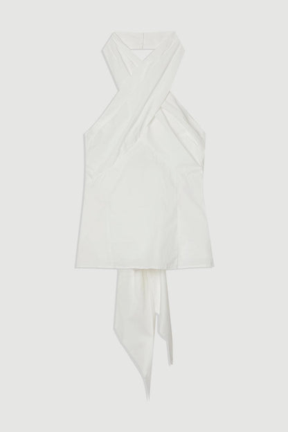 Cotton Poplin Cross Front Halter Neck Blouse With Bow Detail