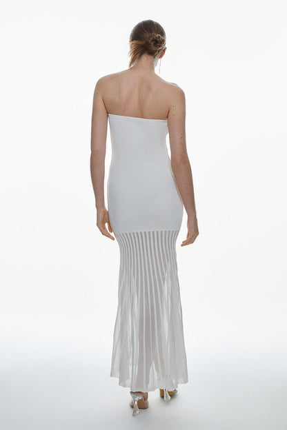 Viscose Blend Sheer Knit Bandeau Pleated Skirt Maxi Dress