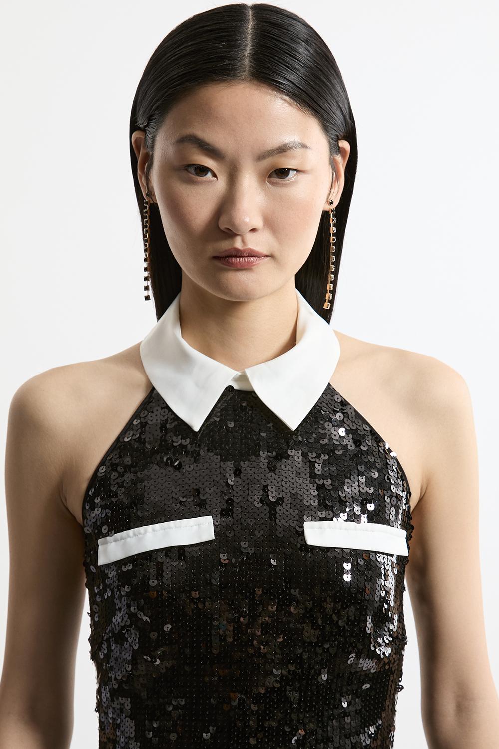 Sequin And Viscose Satin Collar Detail Mini Dress