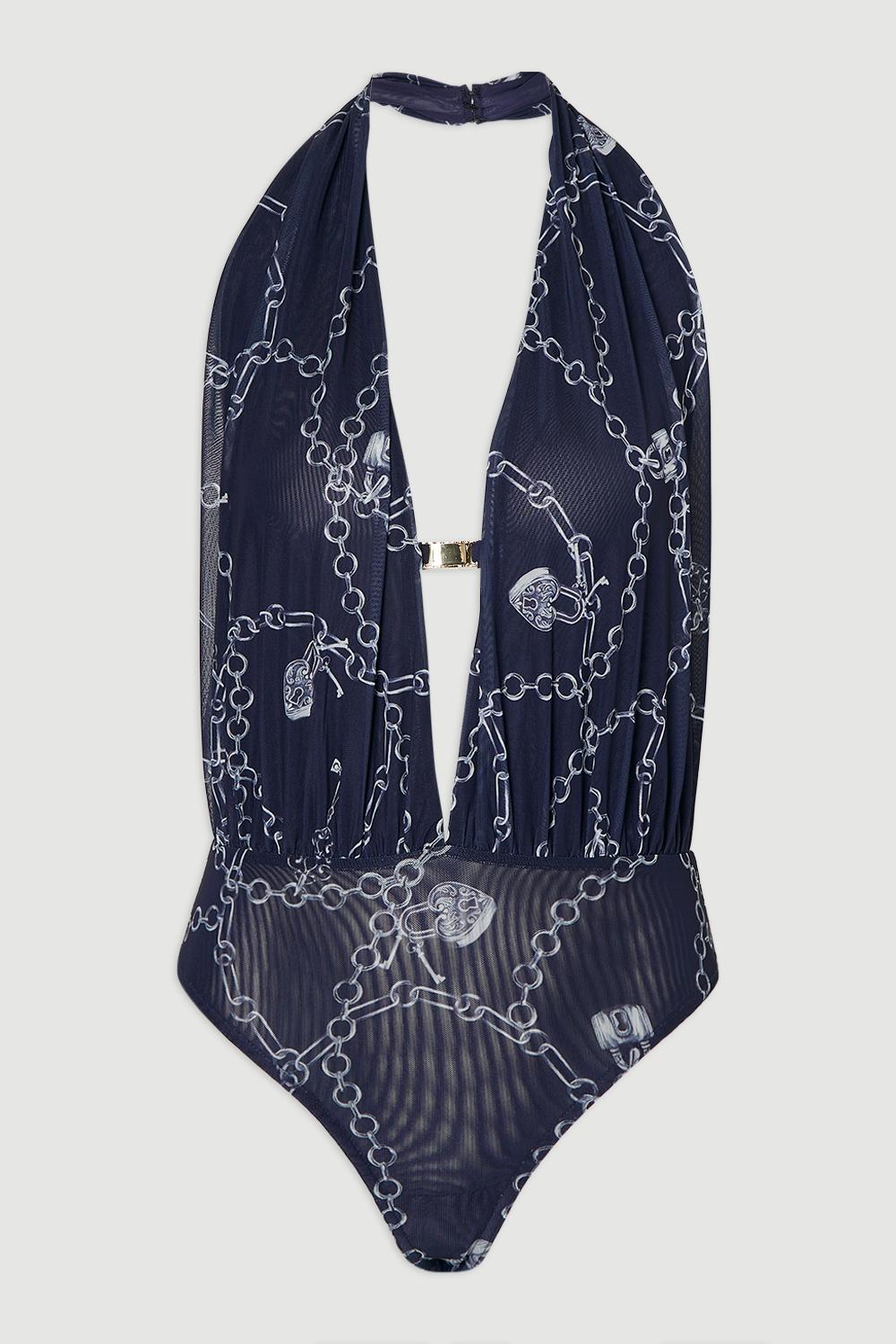 Chain Print Plunge Halter Neck Trim Detail Mesh Bodysuit