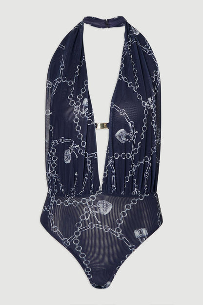 Chain Print Plunge Halter Neck Trim Detail Mesh Bodysuit