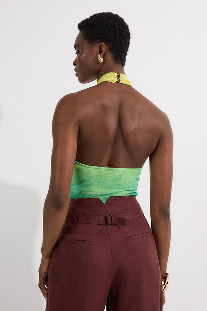Sunset Ombre Mesh Cross Halter Jersey Bodysuit