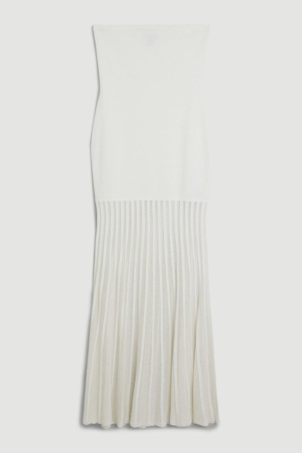 Viscose Blend Sheer Knit Bandeau Pleated Skirt Maxi Dress