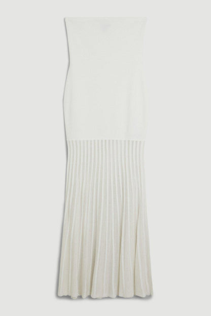 Viscose Blend Sheer Knit Bandeau Pleated Skirt Maxi Dress