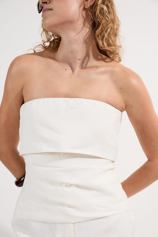 Linen Viscose Woven Bandeau Top With Ruched Side Detail