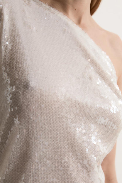 Liquid Shine One Shoulder Woven Sequin Blouse