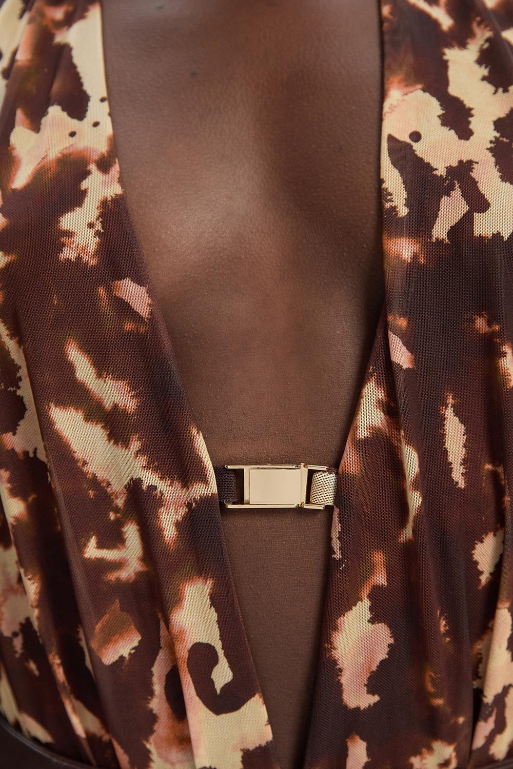 Leopard Print Plunge Halter Neck Trim Detail Mesh Bodysuit