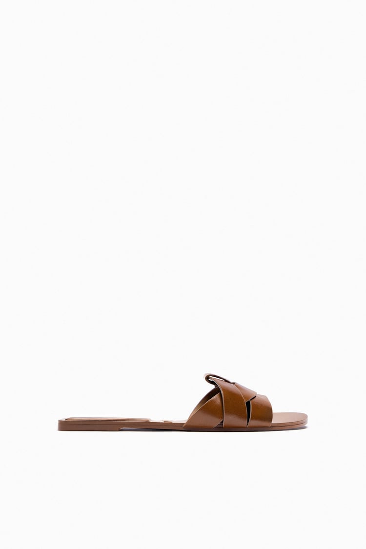 Flat Criss-Cross Leather Slider Sandals