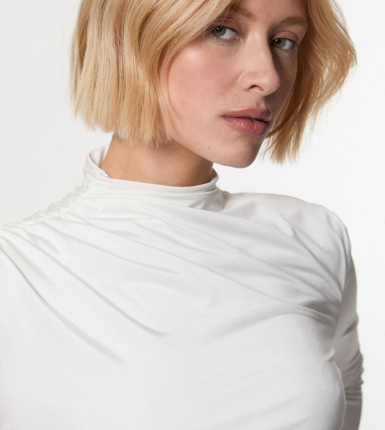 Jersey Crepe Ruched Long Sleeve Mini Dress