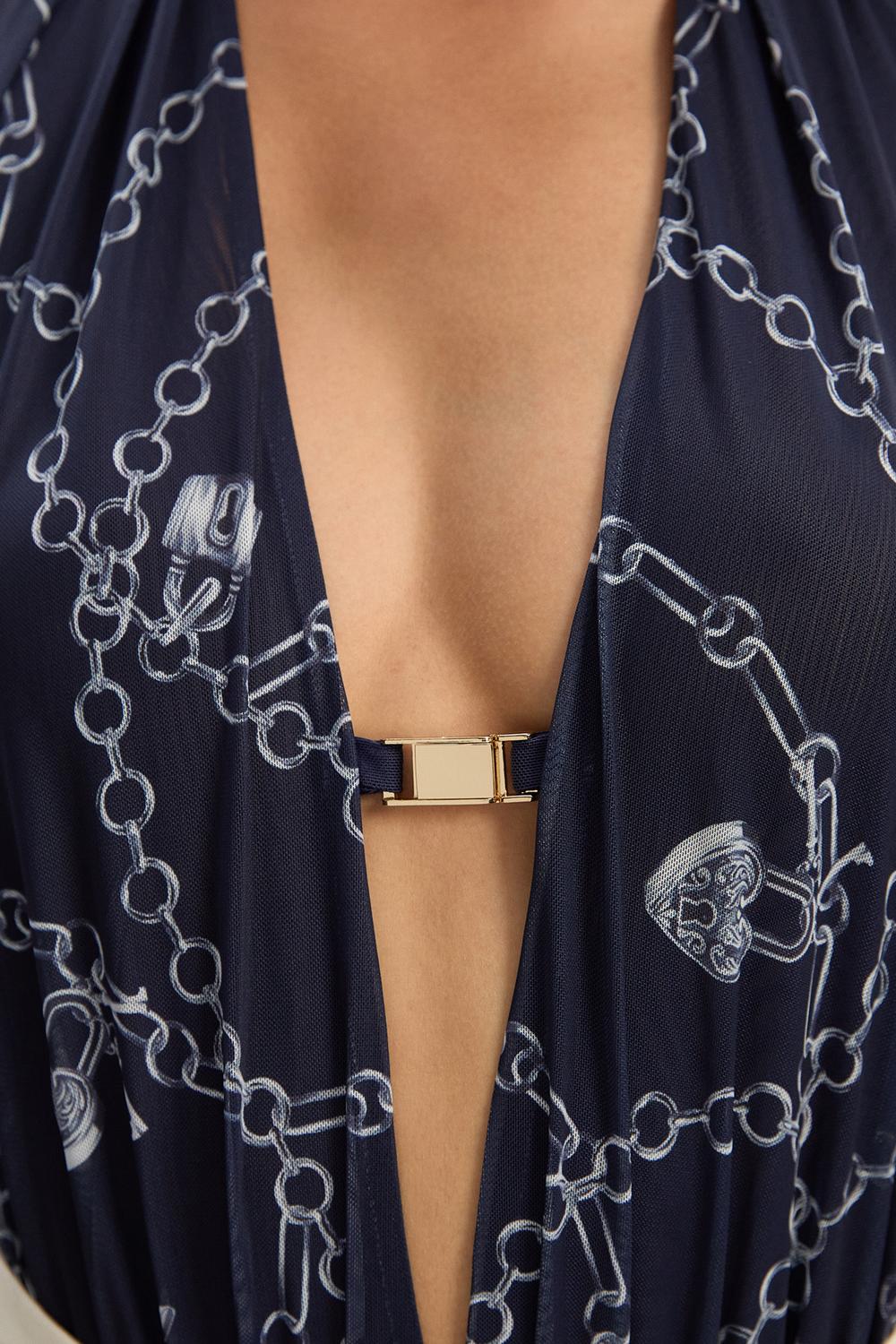 Chain Print Plunge Halter Neck Trim Detail Mesh Bodysuit