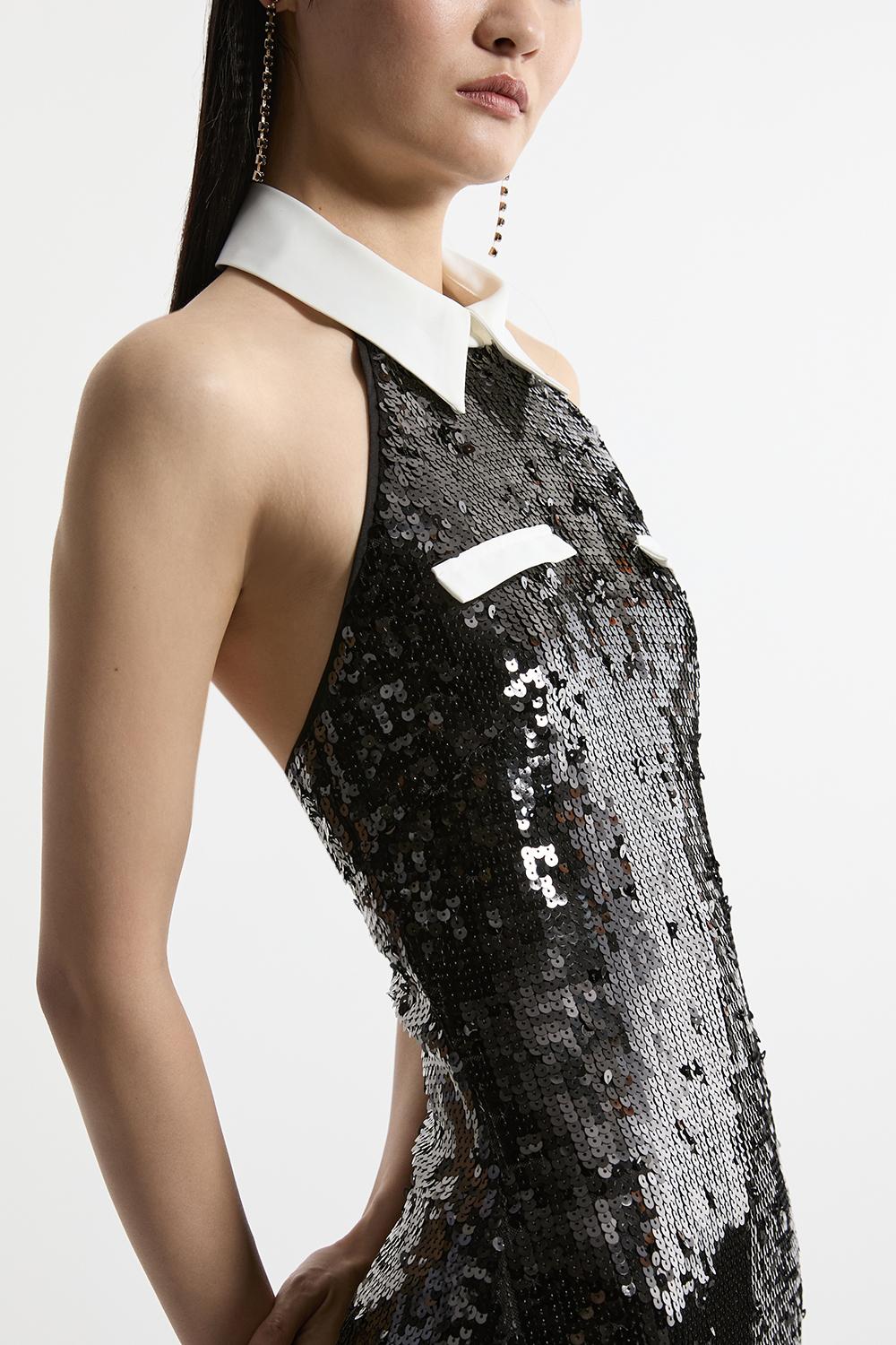 Sequin And Viscose Satin Collar Detail Mini Dress